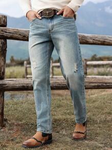 Manfinity Homme 男士基本款前扣口袋牛仔裤，日常休闲装，纯色修身长款水洗浅蓝色工装牛仔裤，适合送给丈夫、男朋友的礼物 - 藍色 - 查看 3