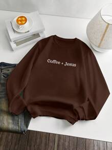 INAWLY 大码休闲字母印花保暖内衬卫衣，秋冬季毕业季、返校季、毕业典礼、教师节女装、返校季套头衫 - 巧克力棕 - 查看 3