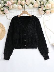 SHEIN LUNE Áo len cardigan dài tay đơn hàng ngày cổ chữ V cho nữ - màu đen - Xem 1