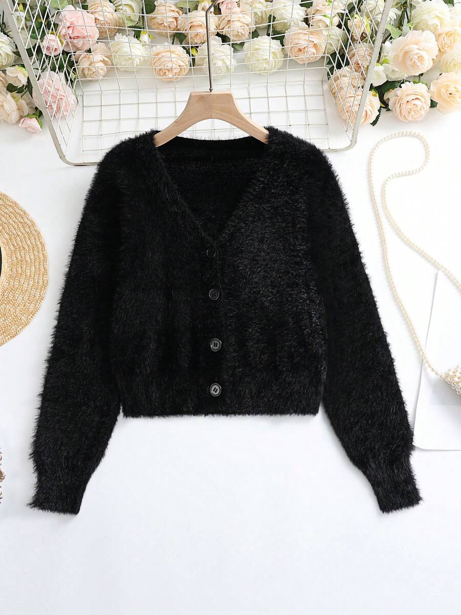SHEIN LUNE Áo len cardigan dài tay đơn hàng ngày cổ chữ V cho nữ - màu đen - Xem 1