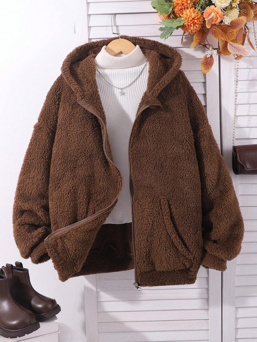 SHEIN Explorewe 1 件青少年女孩毛绒连帽拉链长袖休闲外套，适合冬季日常/通勤穿着 - 棕色 - 查看 1