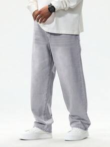 Manfinity EZcore Men's Casual Loose Washed Jeans, Men Grey Baggy Jeans, Men Oversized Jeans, Grey Baggy Jeans, Men Baggy Jeans - Grey - View 1