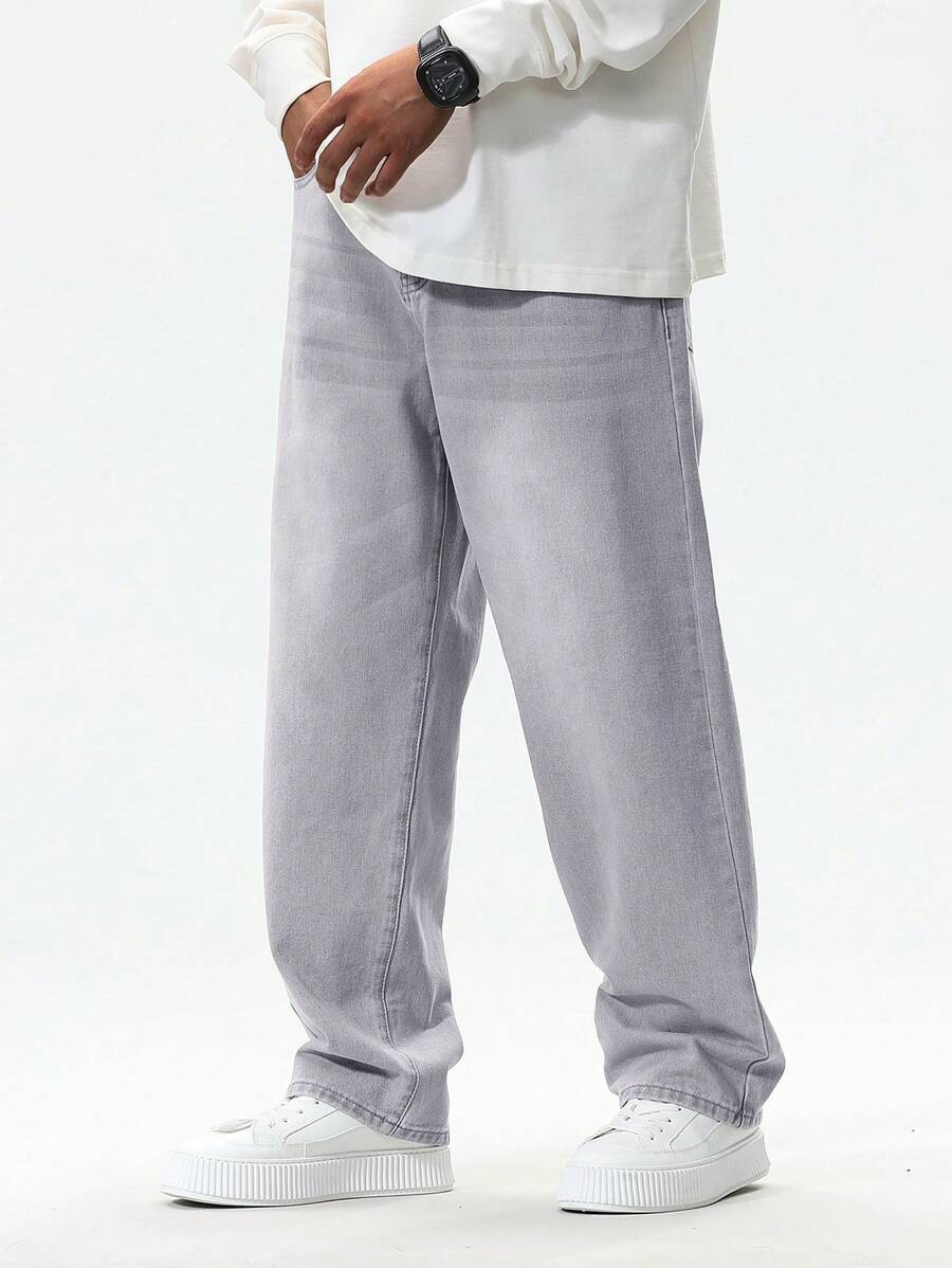 Manfinity EZcore Men's Casual Loose Washed Jeans, Men Grey Baggy Jeans, Men Oversized Jeans, Grey Baggy Jeans, Men Baggy Jeans - Grey - View 1