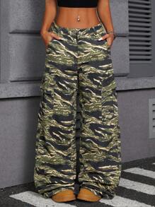SHEIN ICON Jeans anchos de bolsillo de carga con estampado camuflado para mujeres, de estilo casual, Y2K, streetwear - Multicolor - Ver 1