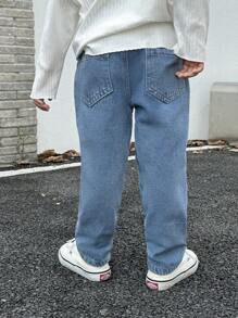 SHEIN Young Boy Planet & Astronaut Print Elastic Waist Jeans Chic Outfits For Autumn/Winter - Medium Wash - View 2