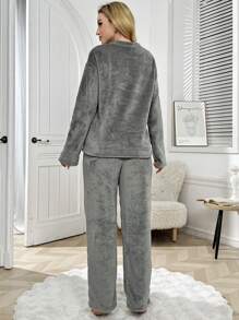 Bộ đồ ngủ thêu chữ và số sang trọng cho nữ 2 món, Thu/Đông - Xám - Xem 2