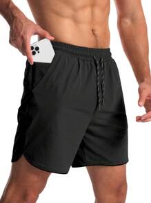 Manfinity Sport Corelite Boyfriend Style Men's Solid Color Front Tie Simple Shorts, Casual Daily Wear 2-Piece Set - Khaki - View 6