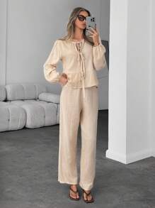 SHEIN Essnce 女士連衣裙套裝，拼接吊帶帶襯衫和高腰褲，休閒版型，圓領，2024年春季休閒裝 - 杏色 - 查看 6