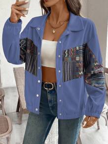 SHEIN LUNE Women Autumn Geometric Print Drop Shoulder Long Sleeve Single Breasted Casual Jacket - Blue - View 6