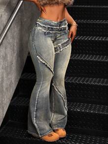 SHEIN Tall 女式休闲水洗磨边修身喇叭牛仔裤 - 藍色 - 查看 6