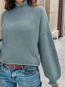 SHEIN LUNE Sweater Longgar Wanita Kasual Warna Polos Kerah Tinggi Ukuran Besar, Pakaian Rajut Sehari-hari Musim Gugur Musim Dingin - Biru - View 4