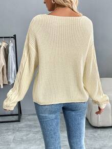Chiquease Plain Color Dropped Shoulder Loose Knit Sweater, Casual Autumn/Winter Knit Pullover Fall - White - View 2