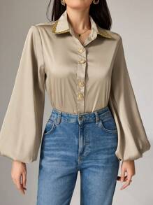 Modelyn Women's Elegant Long Sleeve Color Block Ribbon Trim Single-Breasted Shirt, Autumn