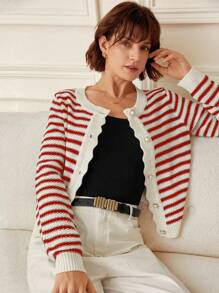 SHEIN Frenchy 大码女装秋季长袖简约条纹开衫适合日常穿着，秋季女装，秋冬毛衣，女士开衫，女士毛衣，家居毛衣，优雅外出毛衣开衫，秋季女装，圣诞节，圣诞毛衣，家居毛衣，条纹开衫，秋冬长袖毛衣