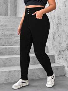 SHEIN CURVE+ Plus Size Women Elastic High Waist Black Skinny Jeans With Multiple Buttons - Black - View 4