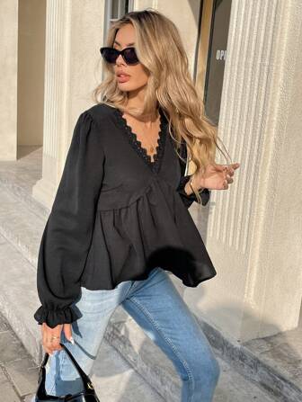 Serisse Guipure Lace Trim Flounce Sleeve Peplum Blouse,Long Sleeve Tops Winter Black