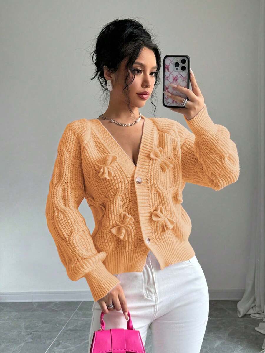 Elenzga 女士休闲纯色蝴蝶结装饰开衫，秋冬 - 黃色 - 查看 1