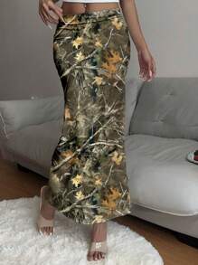 1 件女式全印花紧身针织长裙，春/秋 - 白色 - 查看 3
