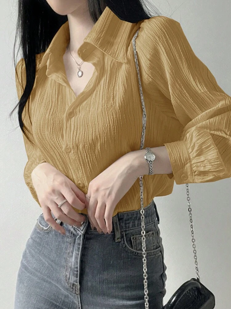 Women's Pleated Solid Color Loose Fit Collared Shirt, Yellow, Spring/Summer/Autumn Preppy Tops,Fall Women Clothes Long Sleeve Top