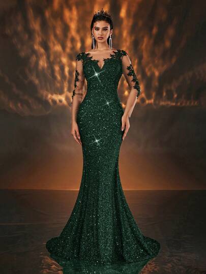Glamrae Elegant Contrast Color Mesh Applique Long Sleeve V-Neck High Waist Slim Mermaid Sequins Evening Gown, Formal Prom Dress, For Wedding Guest, Graduation, Dinner, Party Dress