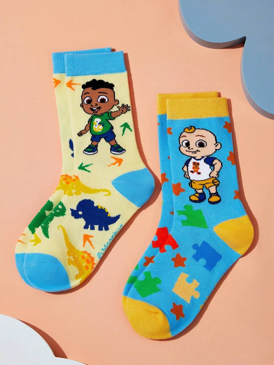 CoComelon X SHEIN 2 Pairs Kids Cartoon Dinosaur & Puzzle Pattern Color Block 100% Cotton Long Socks - Multicolor - View 1