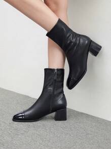 CUCCOO BIZCHIC Women's Round Toe Chunky Heel Black PU Leather Casual & Formal Zipper Boots - Black - View 4