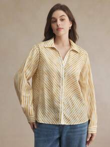BizChic 1 件女士条纹印花优雅商务衬衫 - 卡其色 - 查看 5