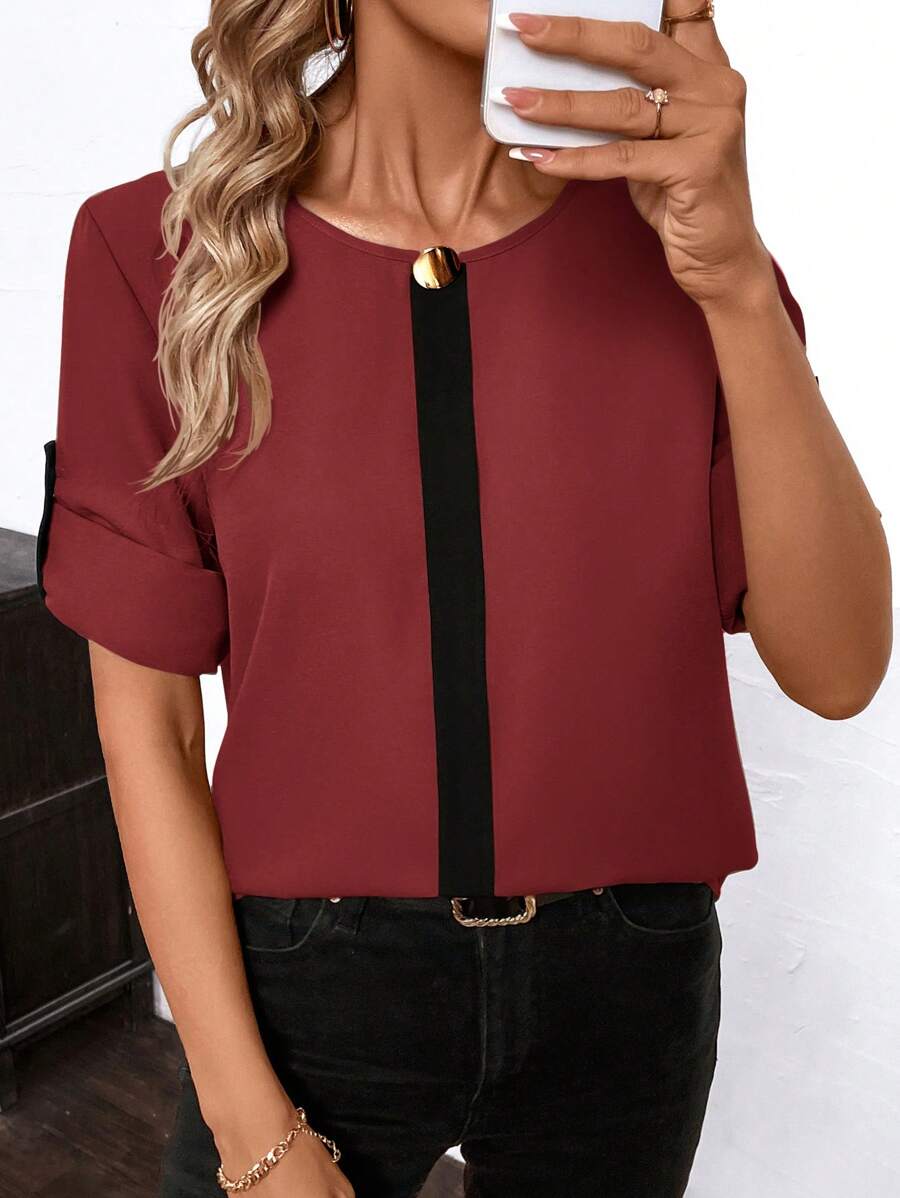 SHEIN Clasi Women's Elegant Loose Contrast Color Front Placket Metal Decor Round Neck Roll Sleeve Blouse - Red - View 1