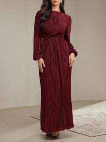 Veilorie Women's Casual Solid Color Twist Detail Dress, Autumn Modest - Burgundy - View 4