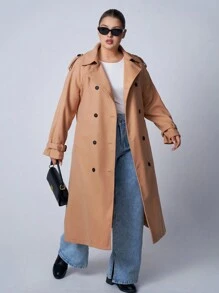 SHEIN EZwear 秋冬季大码棕色休闲风衣 - 棕色 - 查看 7