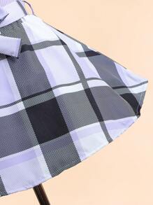 SHEIN 2pcs/Set Young Girl Solid Color Round Neck Puff Sleeve Top And Plaid Skirt + Hat - Purple - View 4