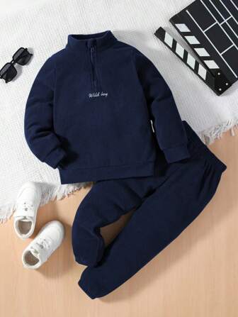 SHEIN 2 st Ung pojke Front Dragkedja Brev Broderad Enkel Topp och Långbyxor Set