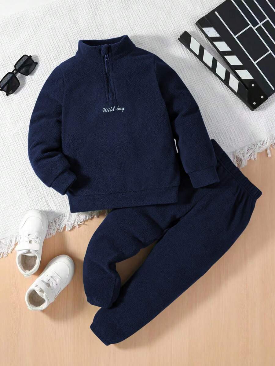 SHEIN 2pcs Young Boy Front Zipper Letter Embroidered Simple Top And Long Pants Set