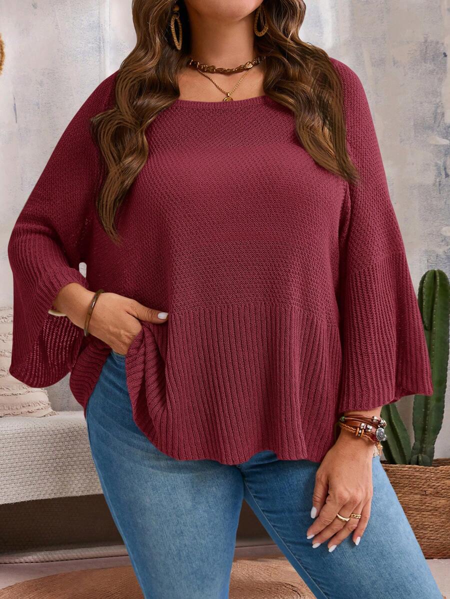 EMERY ROSE Plus Size Solid Color Crew Neck Batwing Sleeve Casual Sweater, Winter Clothes For Women, New Years Women - Burgundy - View 1