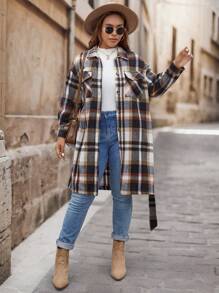 SHEIN VCAY Plus Size Fall/Winter Colorful Plaid Casual Mid-Length Belted Warm Coat - Red - View 4