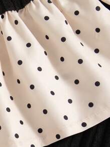 SHEIN Playful Pals 女婴波尔卡圆点衬衫搭配黑色蓬松罗纹翻领连体裤，秋冬季时尚服装