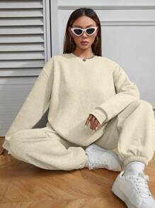 SHEIN Unity Bộ 2 áo nỉ cổ tròn màu trơn và quần nỉ cho nữ, Thu/Đông - Màu be - Xem 4