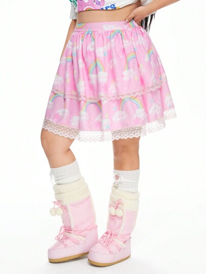 Kawaii Falda acampanada de encaje y estampado arcoíris para mujer de talla grande