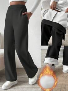 SHEIN PETITE Damen Gerade Bein Hosen, Winterhosen, Lässig & Pendler Tragen mit Thermofutter, für Herbst/Winter