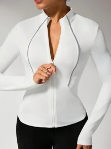 Easithlete 1 件女式前拉链长袖休闲简约时尚运动夹克 - 白色 - 查看 6