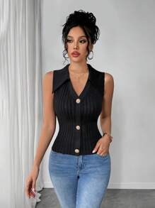 Chiquease Women's Autumn/Winter Polo-Collar Form-Fitting Tank Top With Metal Button Decor - Black - View 1