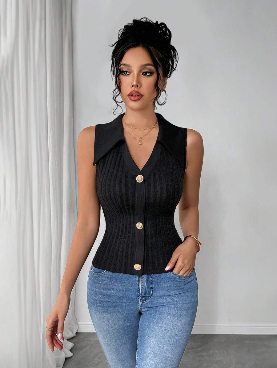 Chiquease Women's Autumn/Winter Polo-Collar Form-Fitting Tank Top With Metal Button Decor - Black - View 1