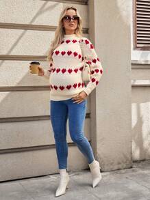 SHEIN Maternity Knitted Heart Pattern Long Sleeve Sweater, Autumn/Winter - Apricot - View 5