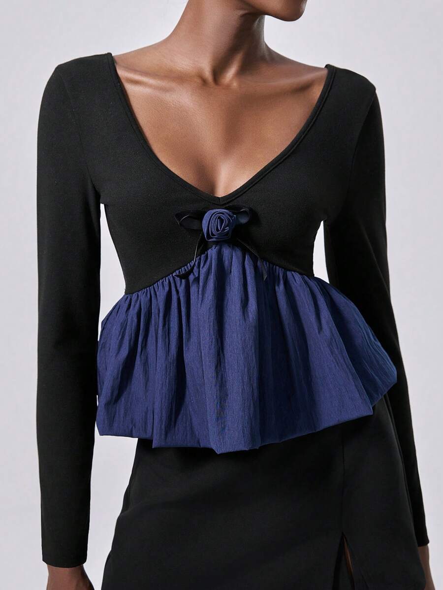 Chiquease 全新秋冬女士时尚花卉装饰荷叶边下摆短款 T 恤上衣 - 藏蓝色 - 查看 1