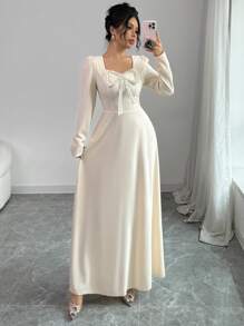 Modelyn 1pc Women Apricot Elegant Knit Faux Pearl Bowknot Waist A-Line Long Sleeve Dress Maxi Women Outfit Long Evening Dresses - Apricot - View 7