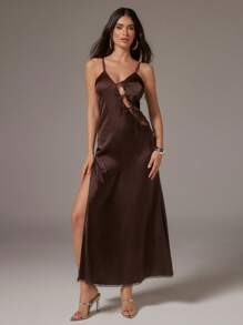 SHEIN Unity 女士优雅性感系带露背高开叉连衣裙 - 咖啡棕 - 查看 1