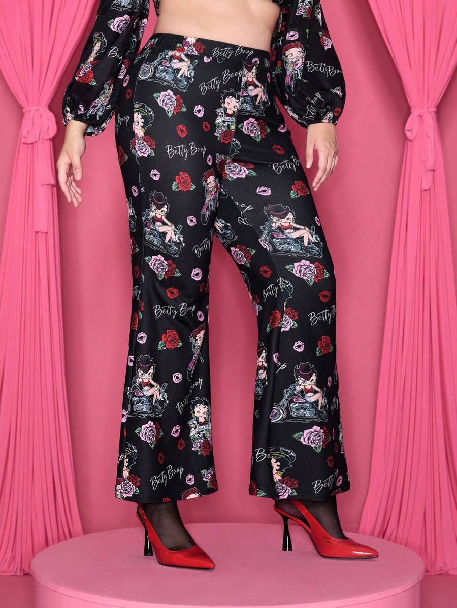 Betty Boop x SHEIN 大码女式卡通人物及唇形印刷高腰喇叭裤