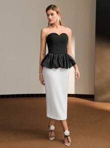 MOTF PREMIUM VESTIDO CÓCTEL TUBO CON CINTURA DE VOLANTES DE DOS TONOS - Blanco y Negro - Ver 7