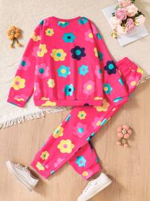 SHEIN Tween Girls 度假彩色花卉印花连帽衫和套头衫 2 件套，颜色鲜艳