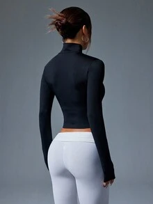 Easithlete 1 chiếc áo khoác thể thao dài tay có khóa kéo cổ đứng màu trơn - màu đen - Xem 2